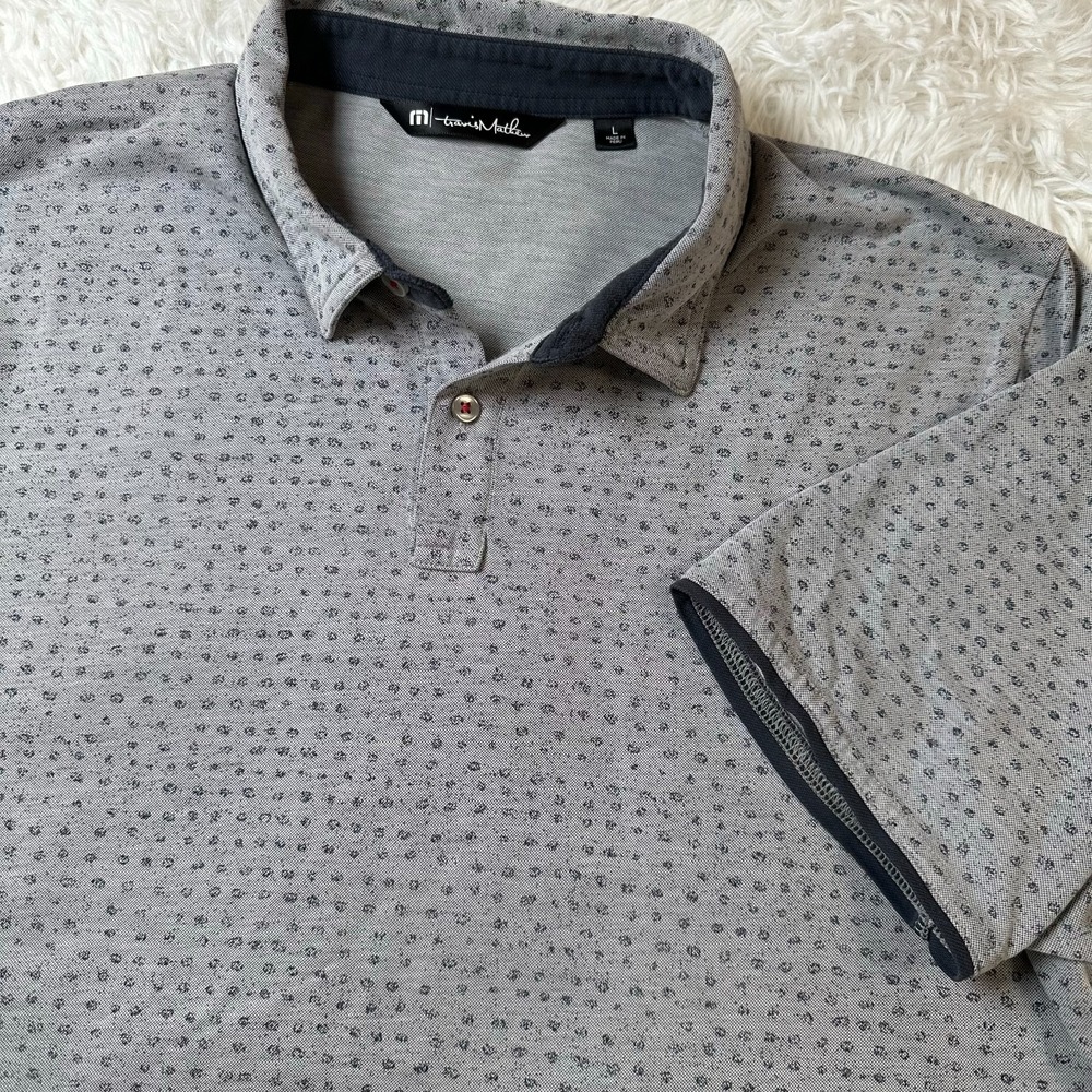 TravisMathew Mens Large Golf Polo Shirt Gray Black Geometric Performance